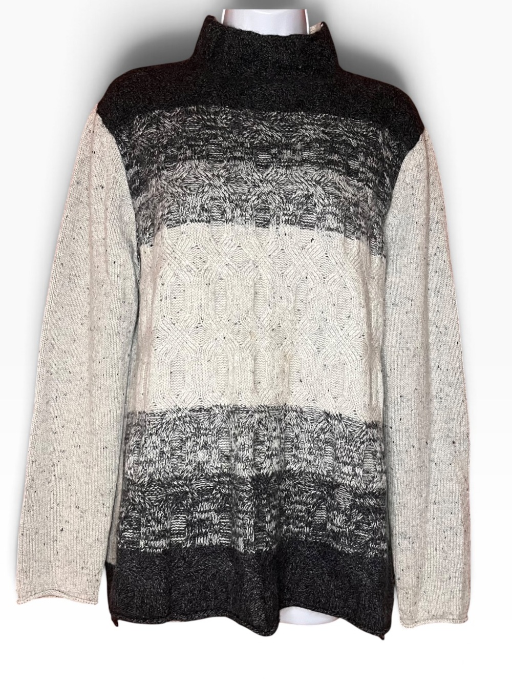 Quinn 100% Cashmere Women's Black and Cream Striped Turtleneck Sweater